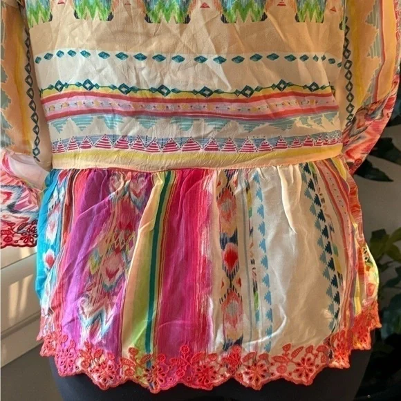 Johnny Was Porcelain Flare-Sleeve Ruffle Blouse NWT